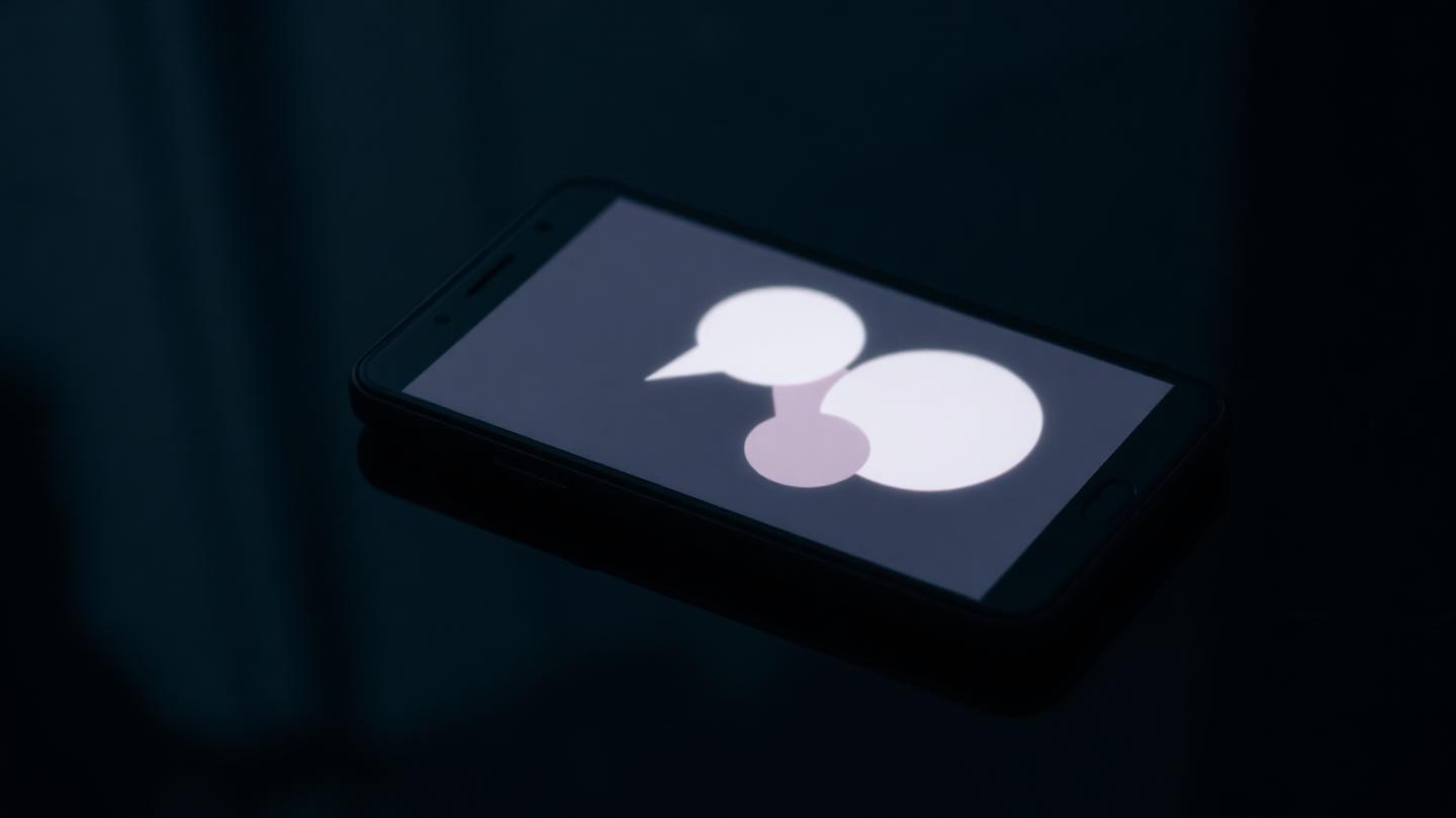 Smartphone allumé dans la pénombre affichant des bulles de discussion abstraites floutées.