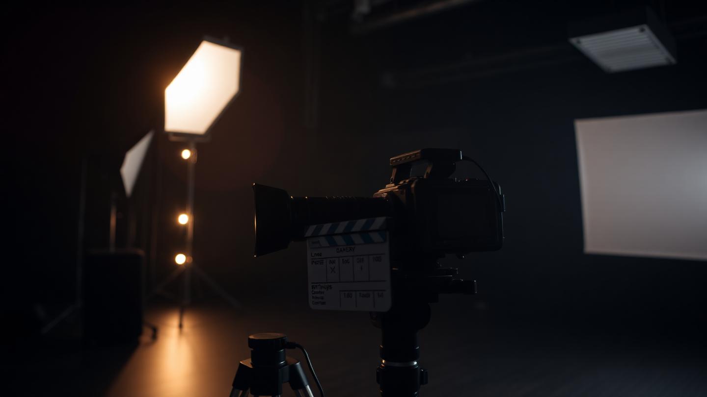Caméra de cinéma et clap sur un plateau de tournage faiblement éclairé, prêts pour la prise.