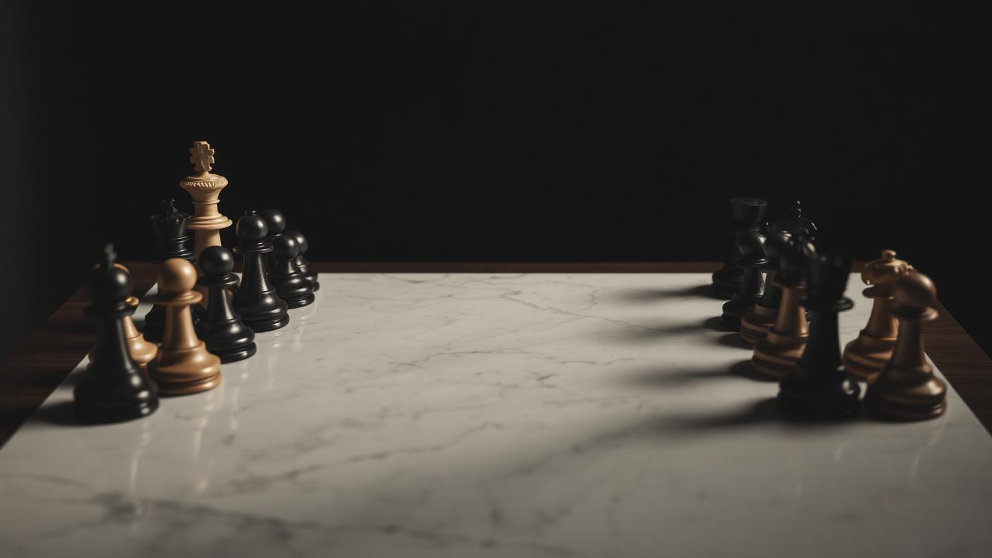 Pièces d'échecs noires et blanches face à face sur un échiquier de marbre, lumière latérale.