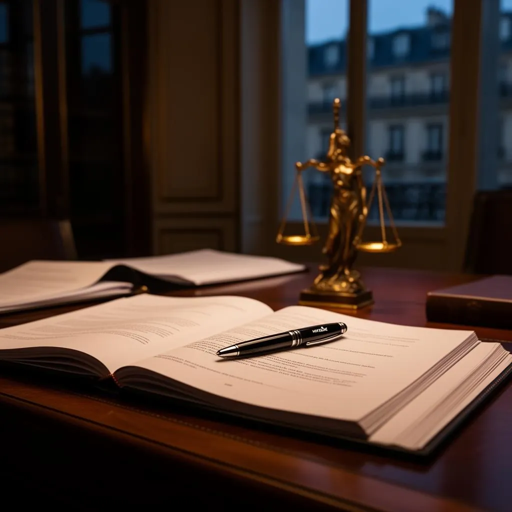 Bureau d'avocat à Paris à la nuit tombée : dossier ouvert, stylo et balance de la justice.