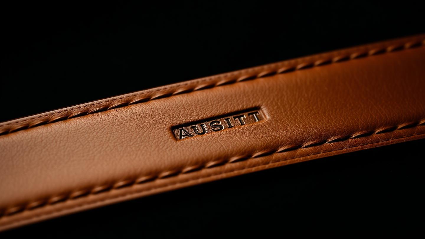 Macro d'une pièce en cuir fauve aux coutures fines, détail d'authenticité sur fond noir.