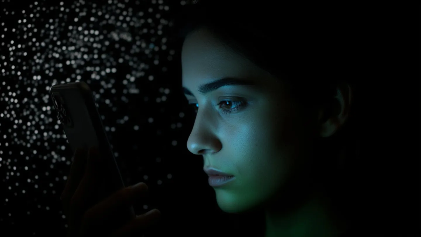 Portrait éditorial nocturne d'une jeune femme au visage éclairé par la lueur froide de son smartphone, entourée d'un halo de notifications, symbolisant le cyberharcèlement sur les réseaux sociaux.