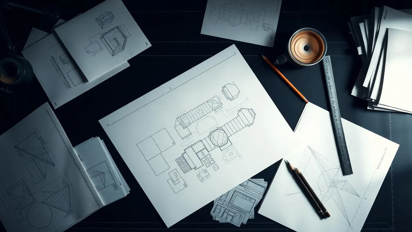 Vue plongeante d'un bureau de designer avec planches de dessins techniques, règle et crayons.