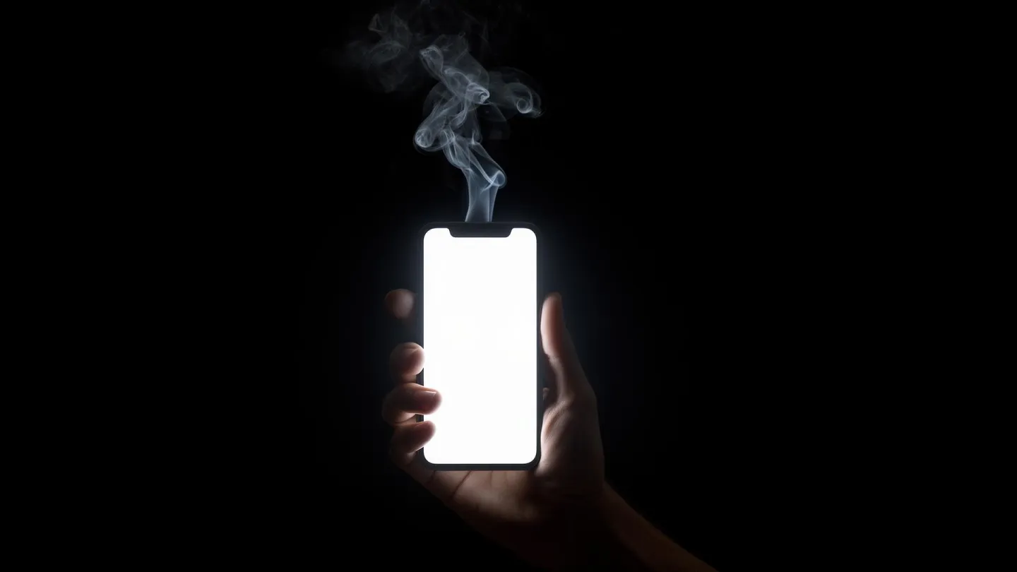 Main tenant un smartphone à l'écran blanc lumineux dans l'obscurité, une volute de fumée s'en échappant : la rumeur diffamatoire qui se propage sur les réseaux sociaux.
