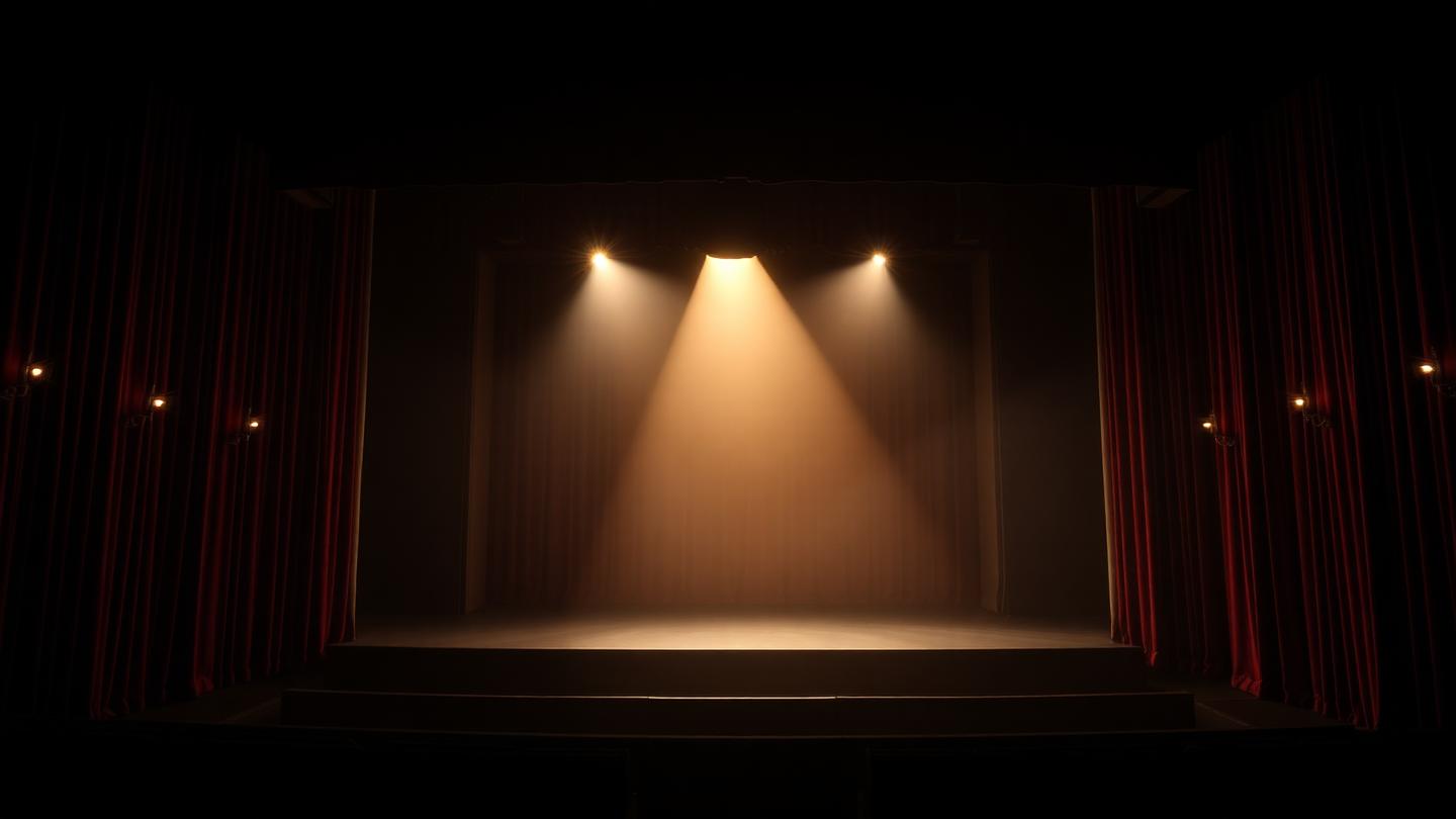 Scène de théâtre vide vue des coulisses, traversée par un faisceau de lumière chaude.