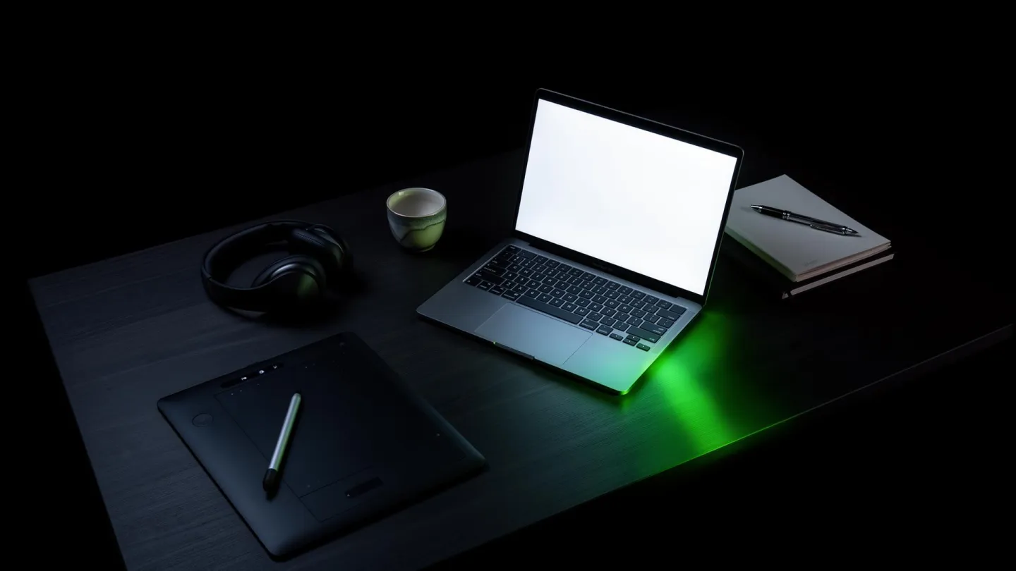 Bureau de création contemporain dans la pénombre : ordinateur portable, tablette graphique et stylet, casque audio, carnet de notes, lueur verte évoquant la création numérique protégée par le droit d'auteur.