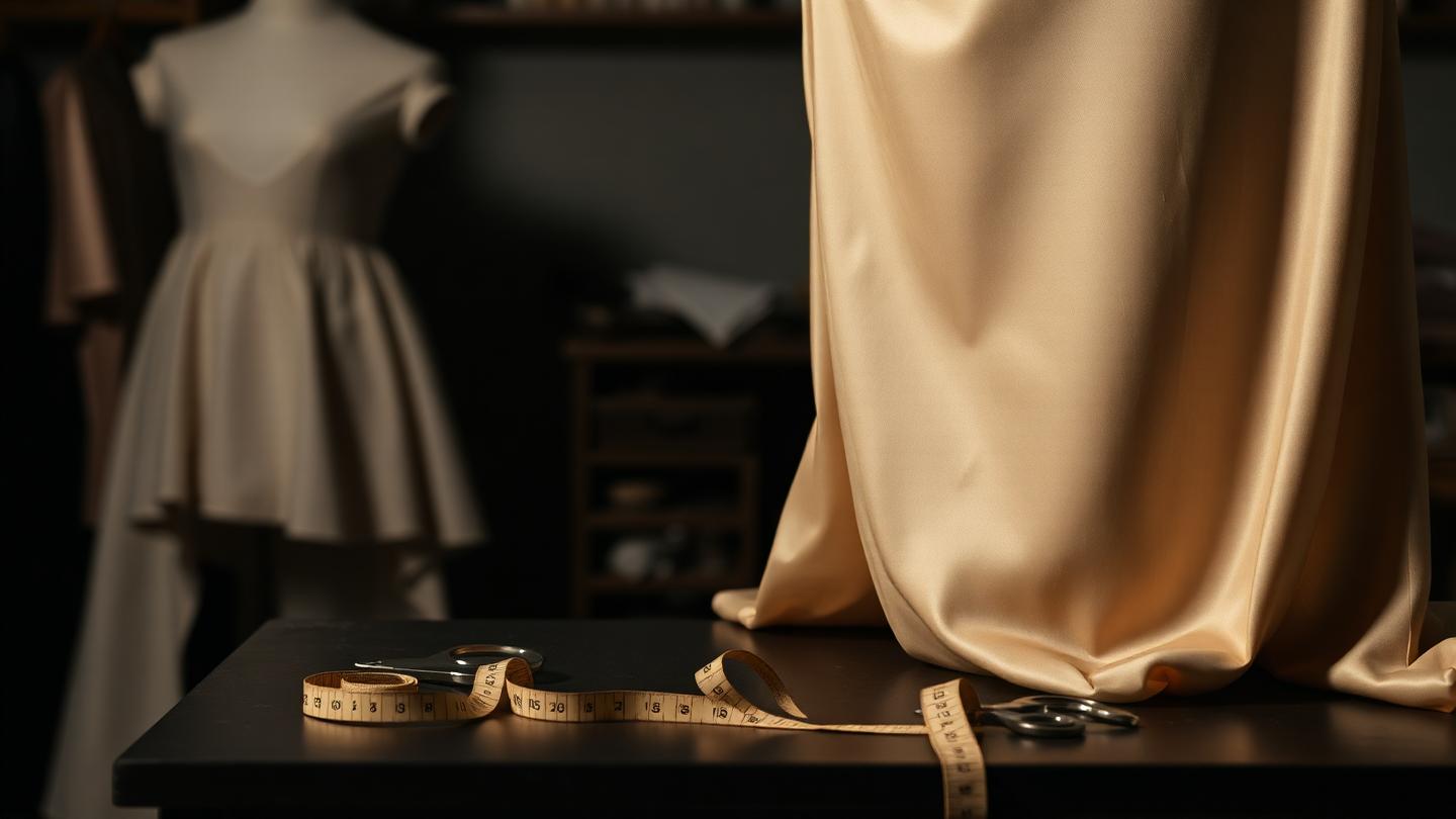 Buste de couturière drapé d'une soie beige dans un atelier de mode, mètre ruban en évidence.