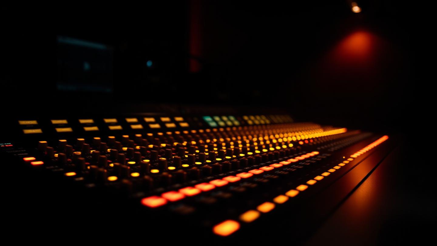 Console de mixage professionnelle aux faders illuminés dans la pénombre d'un studio d'enregistrement.
