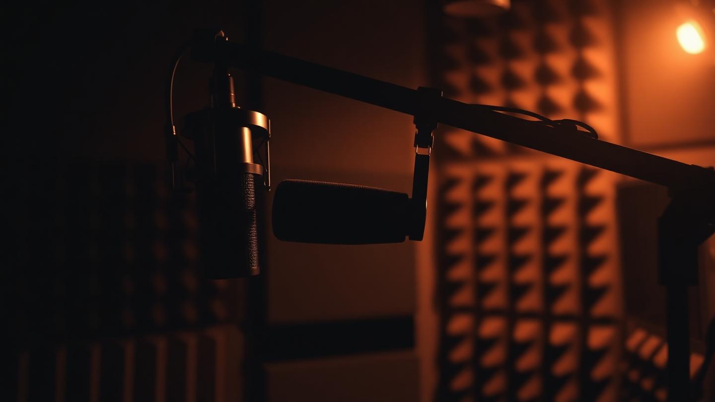 Micro de studio à large membrane sur bras articulé, panneaux acoustiques en arrière-plan.