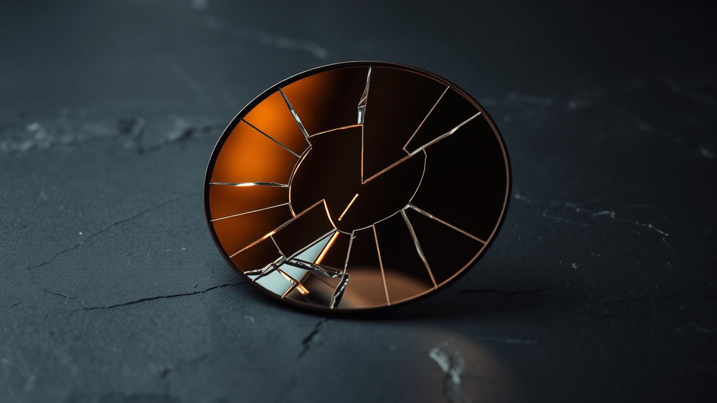 Miroir circulaire brisé posé sur une surface sombre, métaphore d'une image en ligne fragmentée.
