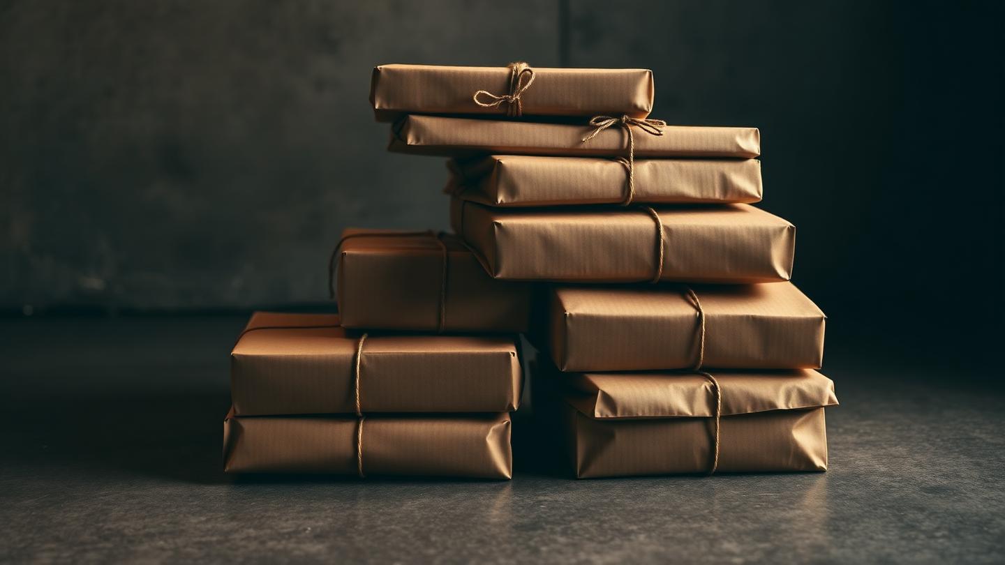 Pile de colis en kraft brun ficelés posés sur un sol béton sombre, faiblement éclairés.