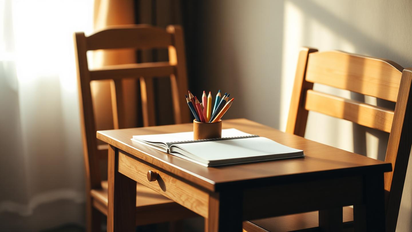 Bureau d'enfant en bois clair avec carnet ouvert et pot de crayons de couleur, lumière naturelle douce.