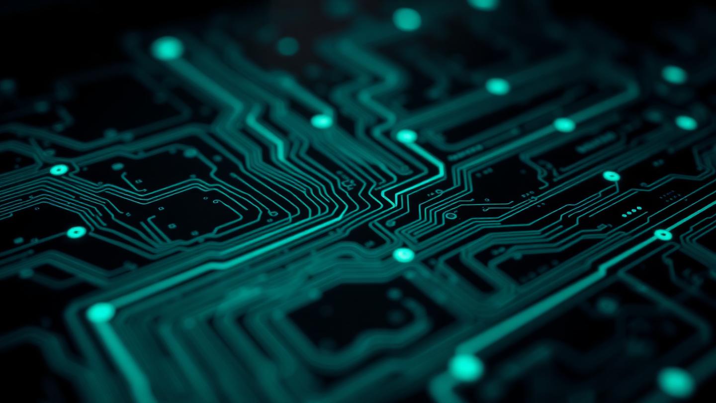 Macro d'un circuit imprimé aux pistes lumineuses, évoquant l'architecture des systèmes d'intelligence artificielle.