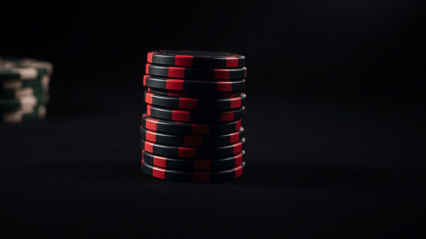 Pile haute de jetons de casino rouges et noirs sur un feutre sombre, éclairage latéral discret.
