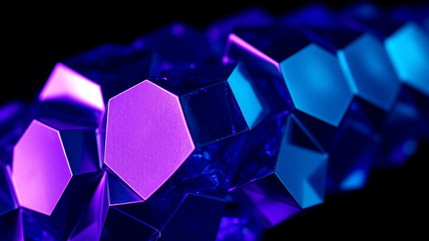 Structure géométrique cristalline aux facettes hexagonales reflétant des lumières bleues et violettes.