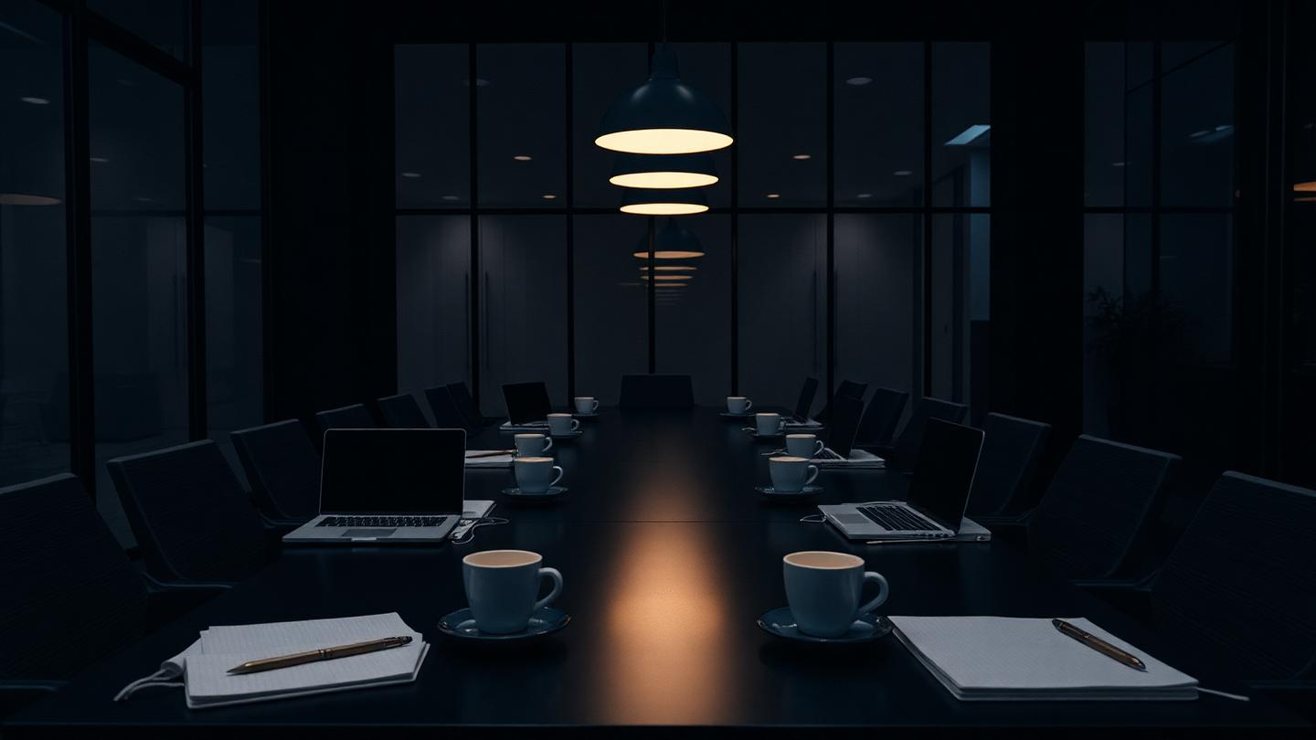 Grande salle de réunion sombre avec ordinateurs portables ouverts, carnets et tasses de café.