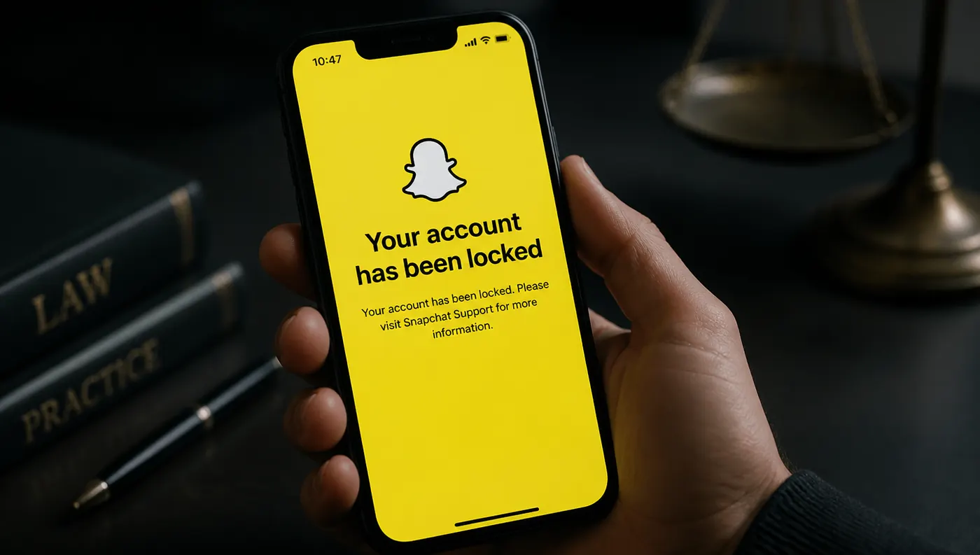 Écran d'iPhone affichant le message Snapchat « Your account has been locked » sur fond sombre, posé sur un bureau d'avocat.
