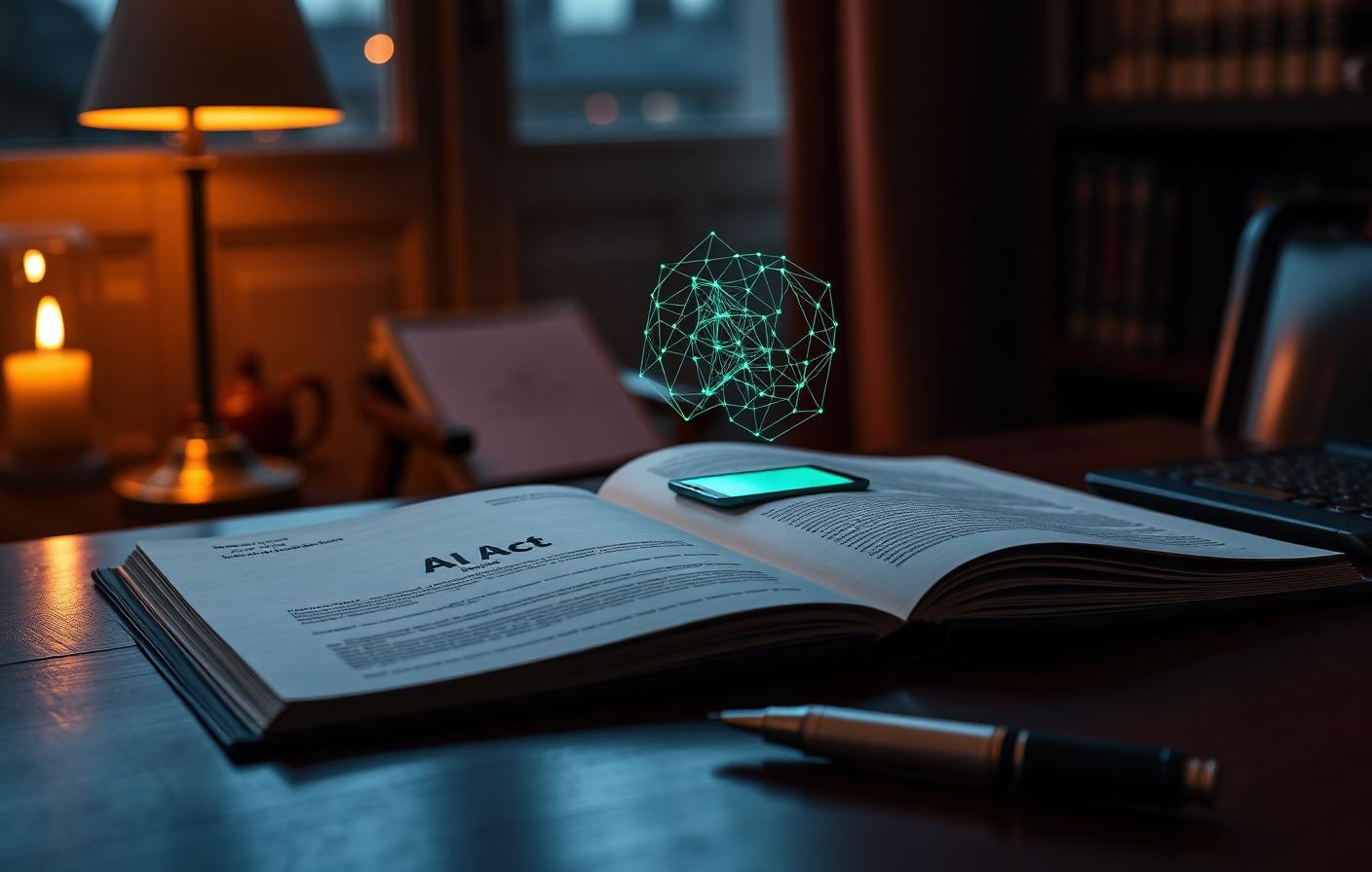 Bureau d'avocat à Paris au crépuscule : Règlement (UE) 2024/1689 sur l'intelligence artificielle ouvert, hologramme de réseau neuronal et accents verts néon.