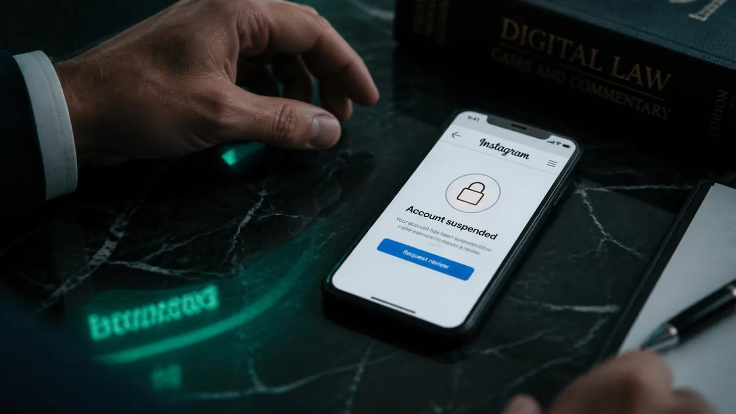 Smartphone affichant un message Instagram « Account suspended » avec cadenas, posé sur un bureau d'avocat.